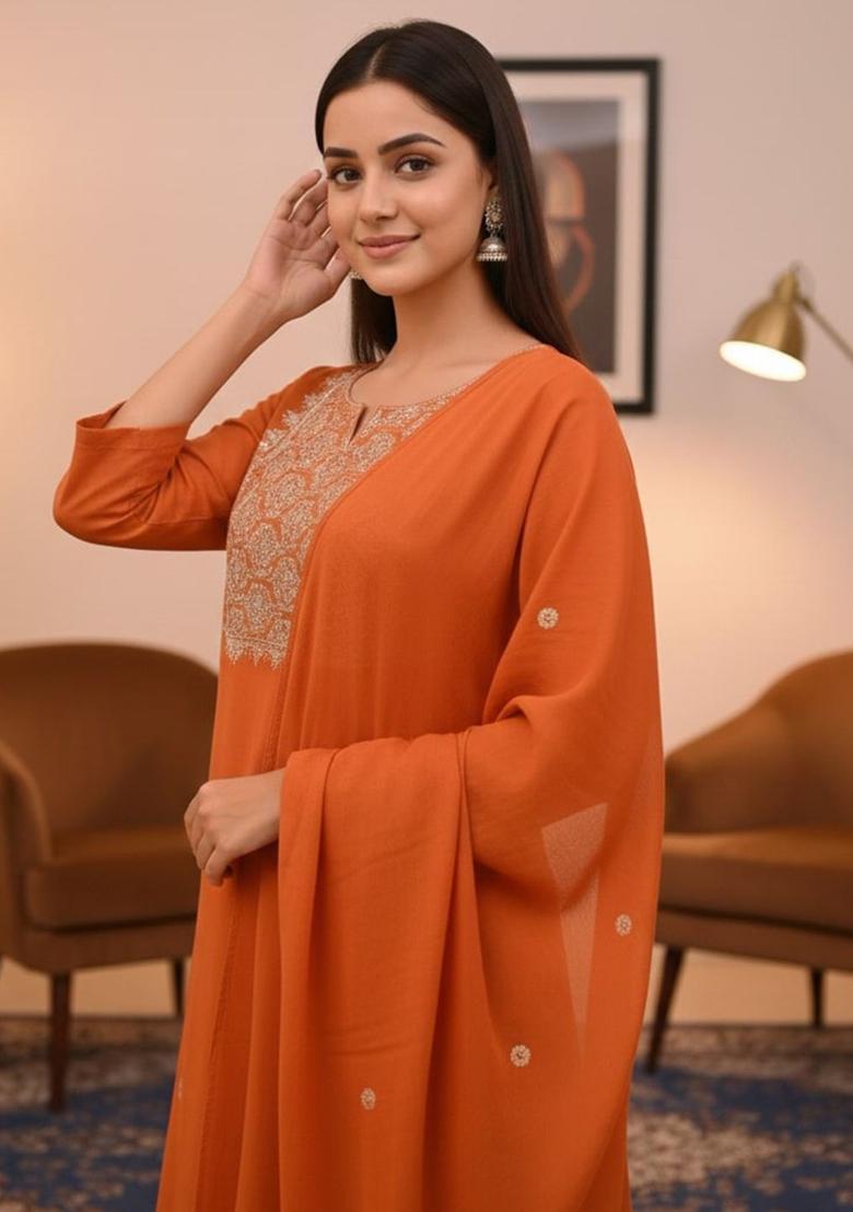 Orange Embroidered Viscose Kurta Set - Indya