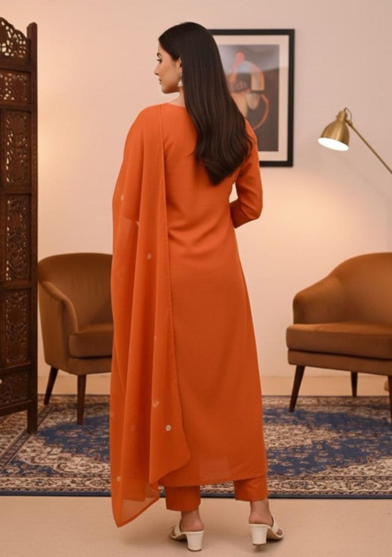 Orange Embroidered Viscose Kurta Set - Indya