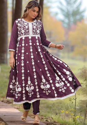 Maroon Embroidered Viscose Kurta Set