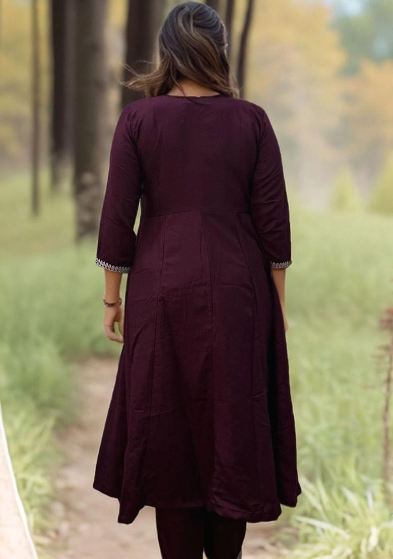 Maroon Embroidered Viscose Kurta Set - Indya