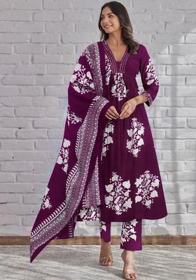 Purple Printed Cotton Kurta Set