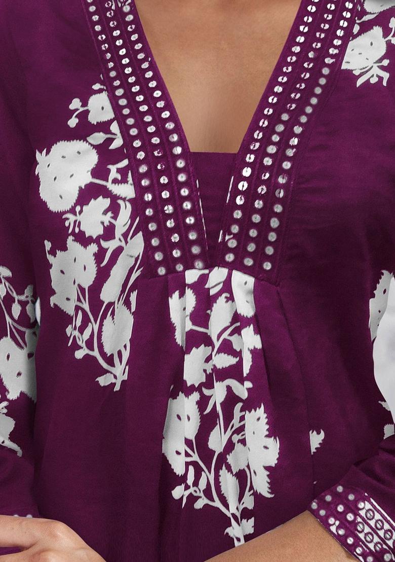 Purple Printed Cotton Kurta Set - Indya