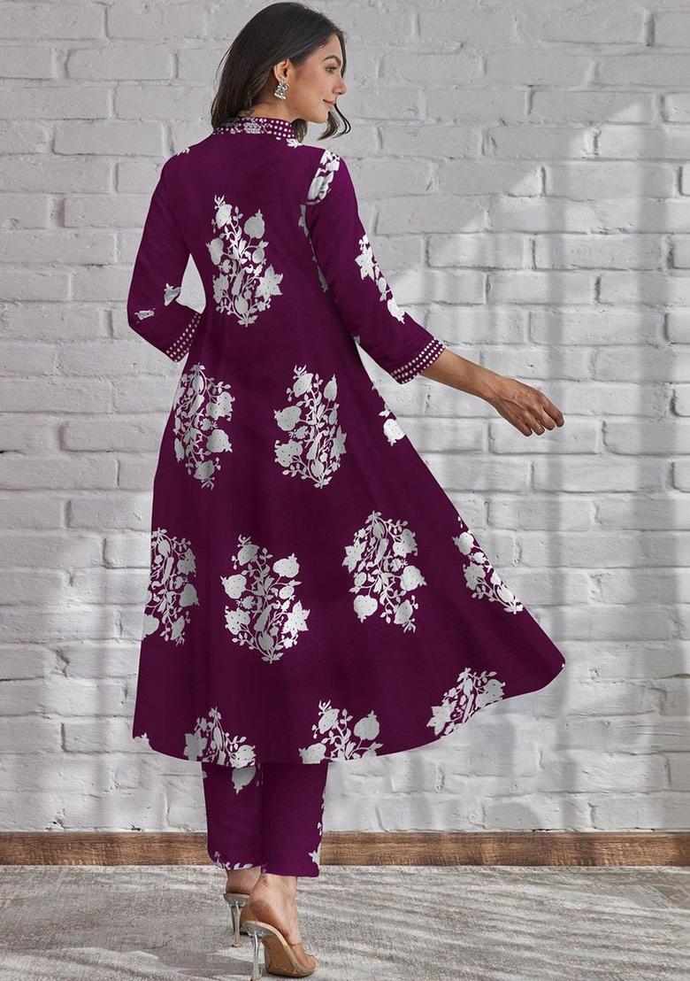 Purple Printed Cotton Kurta Set - Indya