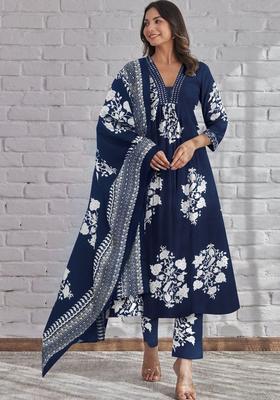 Navy Blue Printed Cotton Kurta Set