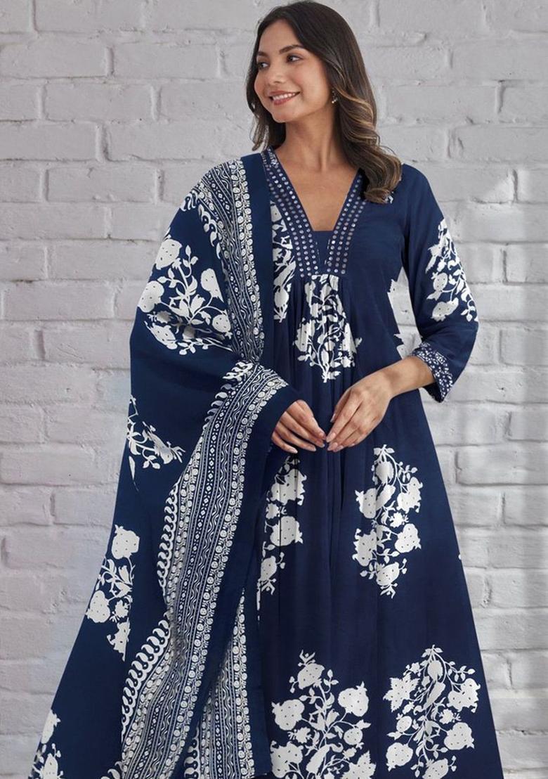 Navy Blue Printed Cotton Kurta Set - Indya