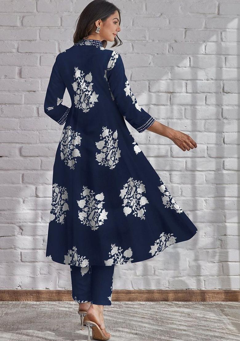 Navy Blue Printed Cotton Kurta Set - Indya