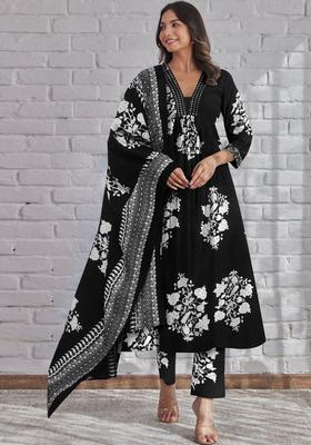 Black Printed Cotton Kurta Set