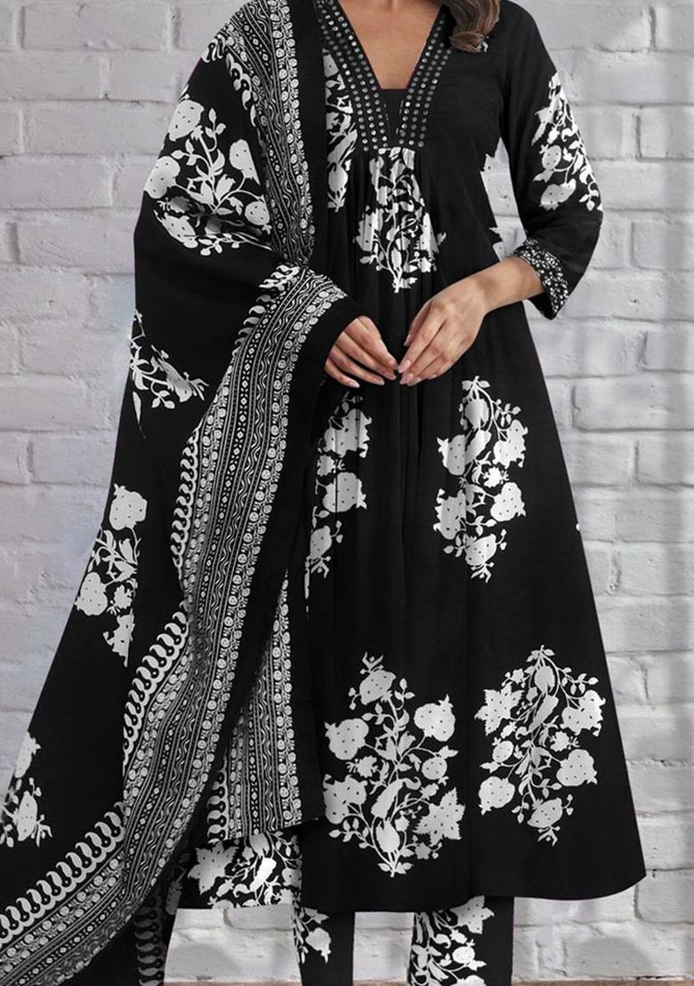 Black Printed Cotton Kurta Set - Indya