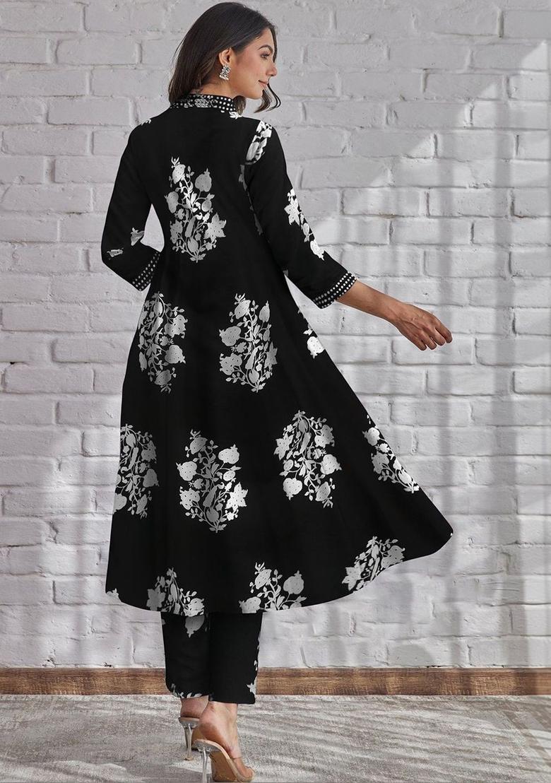 Black Printed Cotton Kurta Set - Indya