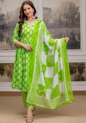 Lime Green Printed Viscose Kurta Set