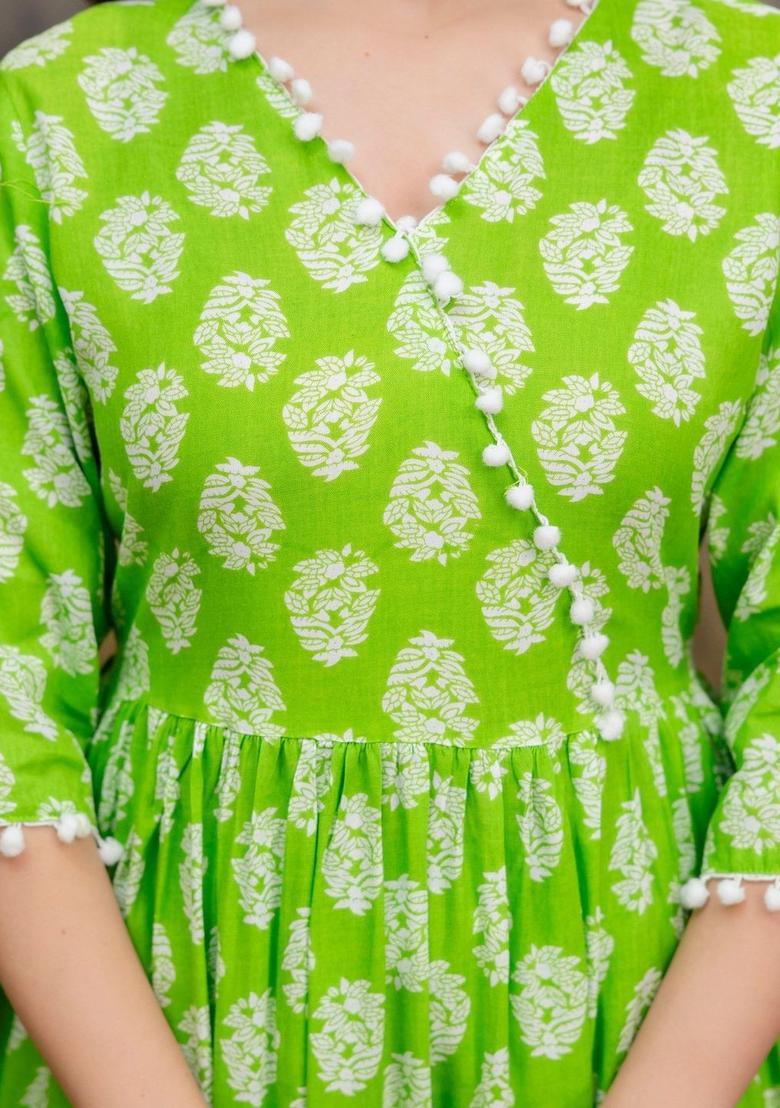 Lime Green Printed Viscose Kurta Set - Indya