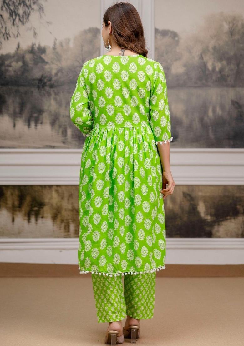 Lime Green Printed Viscose Kurta Set - Indya
