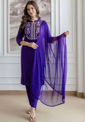 Purple Printed Viscose Kurta Set