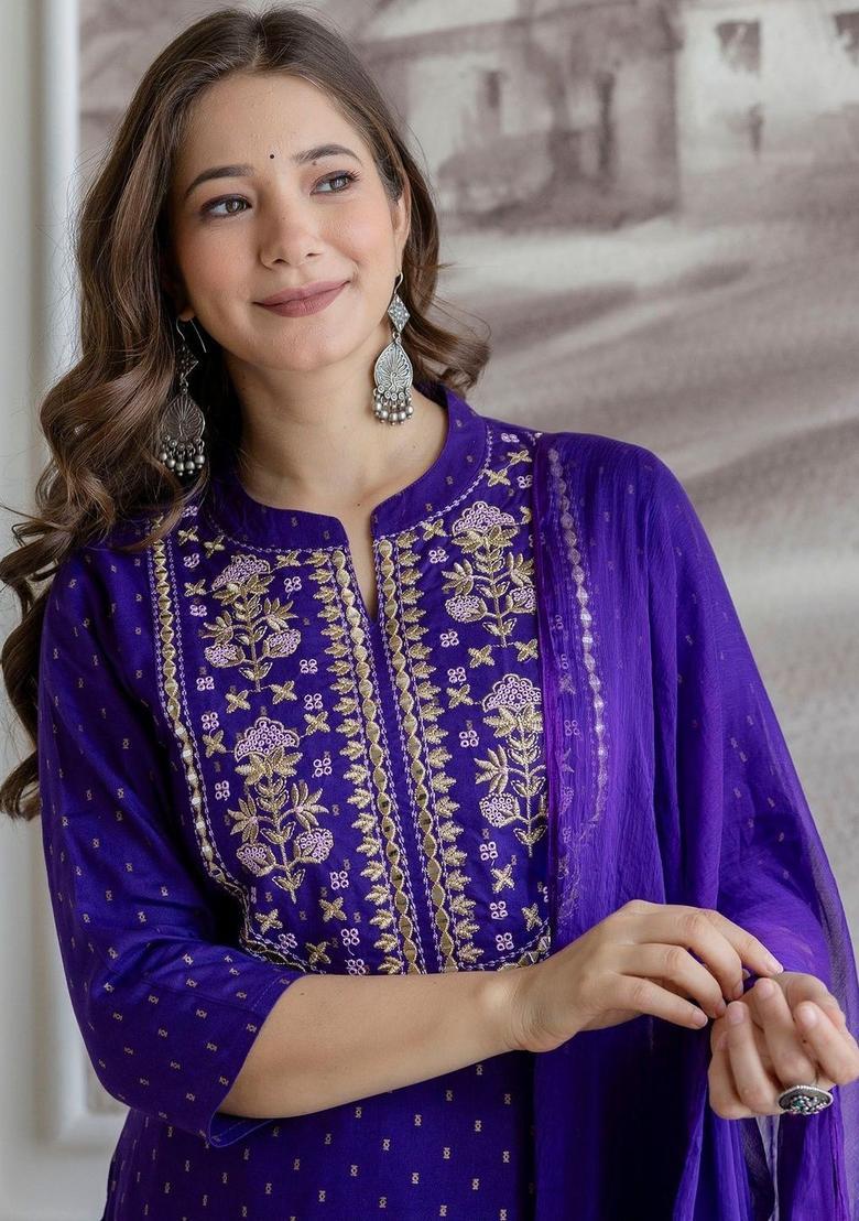 Purple Printed Viscose Kurta Set - Indya
