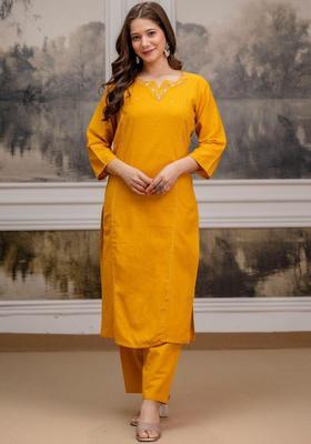 Yellow Embroidered Cotton Kurta Set