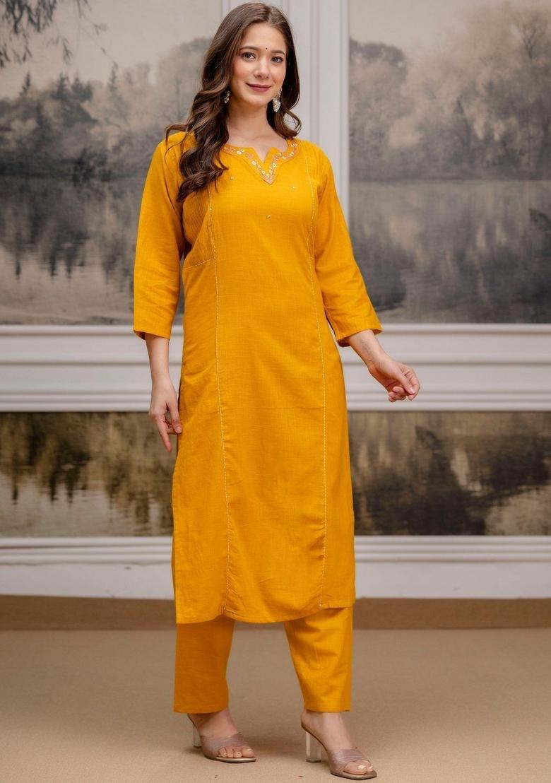Yellow Embroidered Cotton Kurta Set - Indya