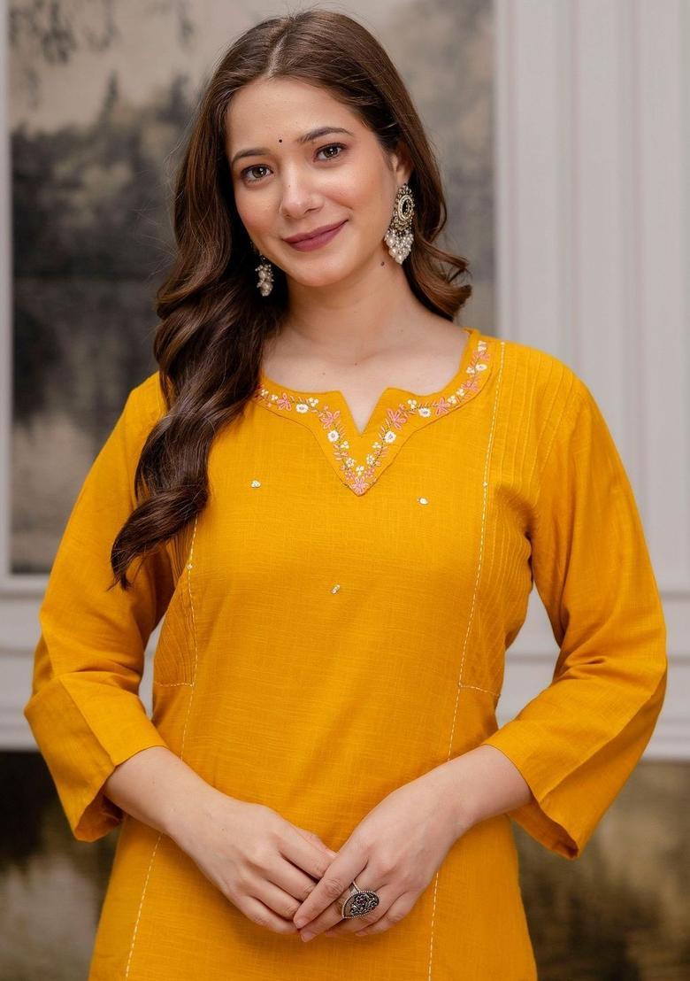 Yellow Embroidered Cotton Kurta Set - Indya