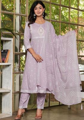 Lavender Printed Viscose Kurta Set
