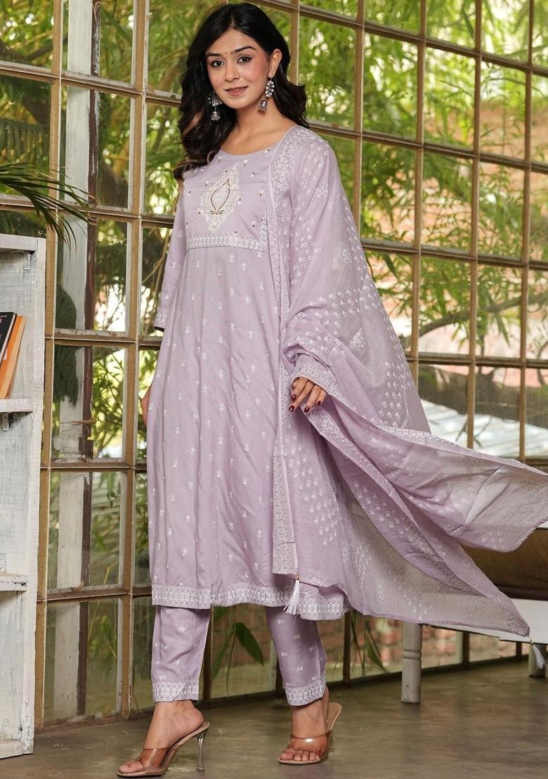Lavender Printed Viscose Kurta Set - Indya