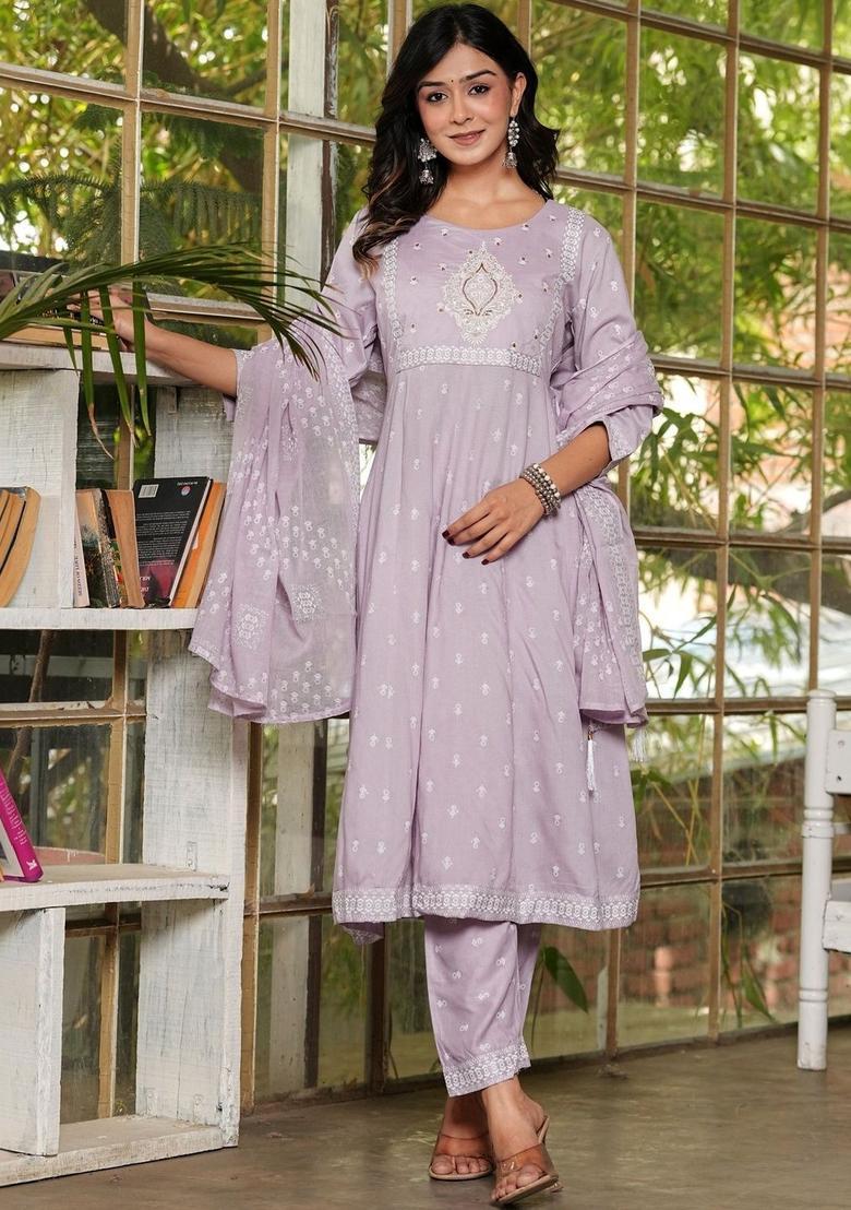 Lavender Printed Viscose Kurta Set - Indya
