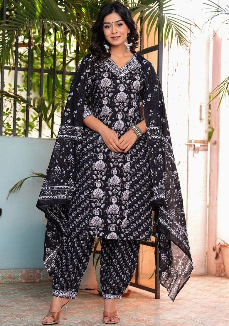 Black Printed Viscose Kurta Set - Indya