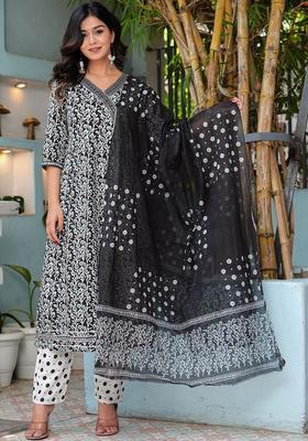 Black Printed Viscose Kurta Set