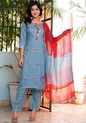 Blue Embroidered Viscose Kurta Set