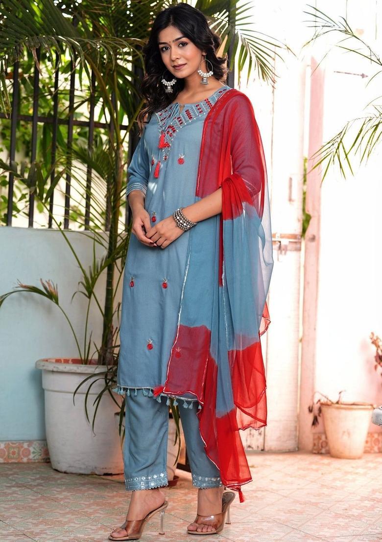Blue Embroidered Viscose Kurta Set - Indya