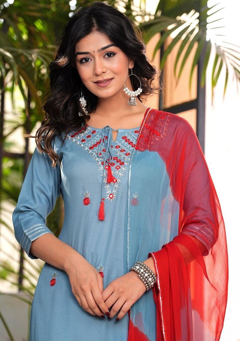 Blue Embroidered Viscose Kurta Set - Indya