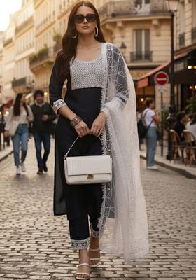 Navy Blue Embroidered Silk Kurta Set