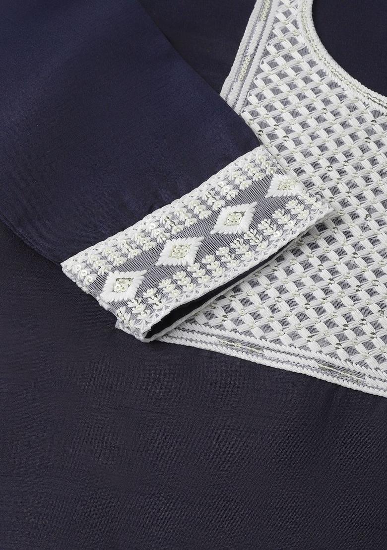 Navy Blue Embroidered Silk Kurta Set - Indya