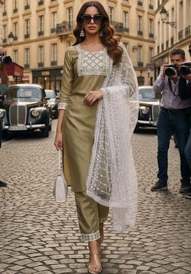 Olive Embroidered Silk Kurta Set