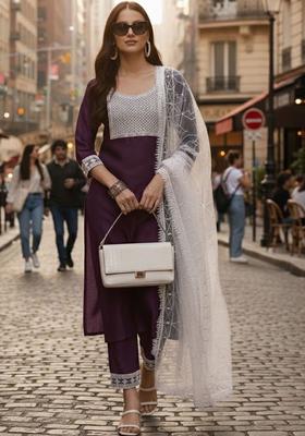 Purple Embroidered Silk Kurta Set