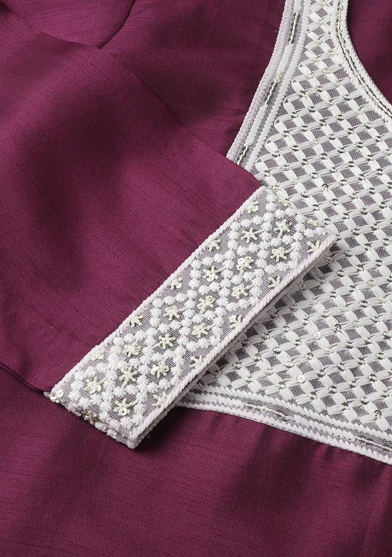 Purple Embroidered Silk Kurta Set - Indya