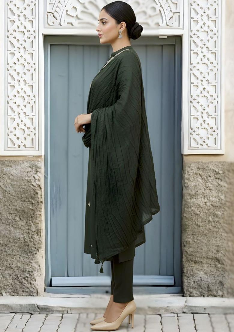 Olive Embroidered Viscose Kurta Set - Indya