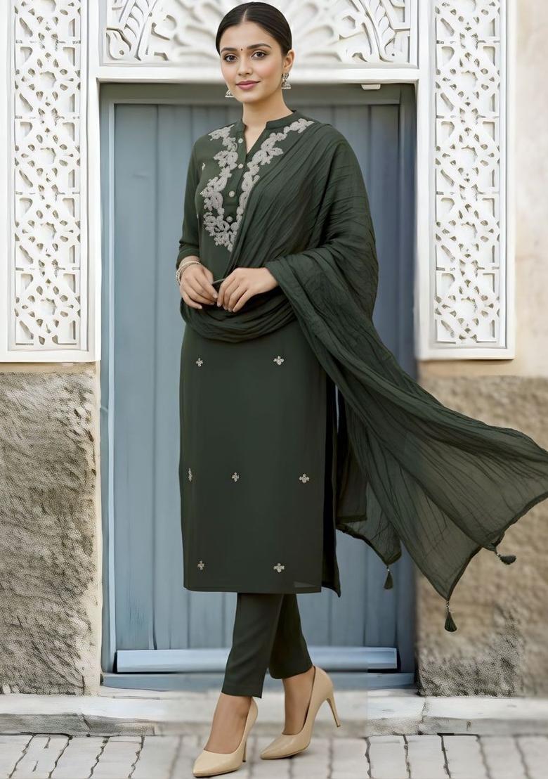 Olive Embroidered Viscose Kurta Set - Indya