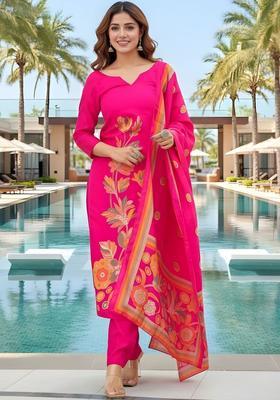Pink Printed Silk Kurta Set