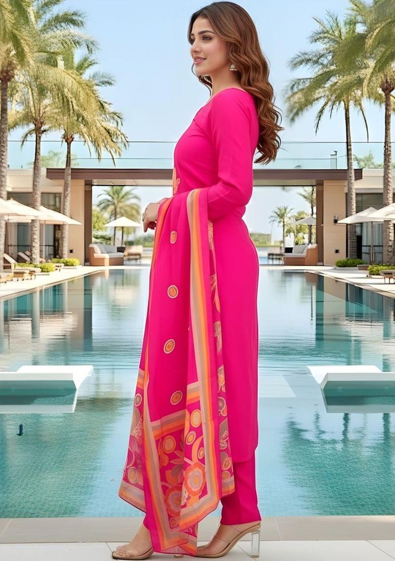 Pink Printed Silk Kurta Set - Indya
