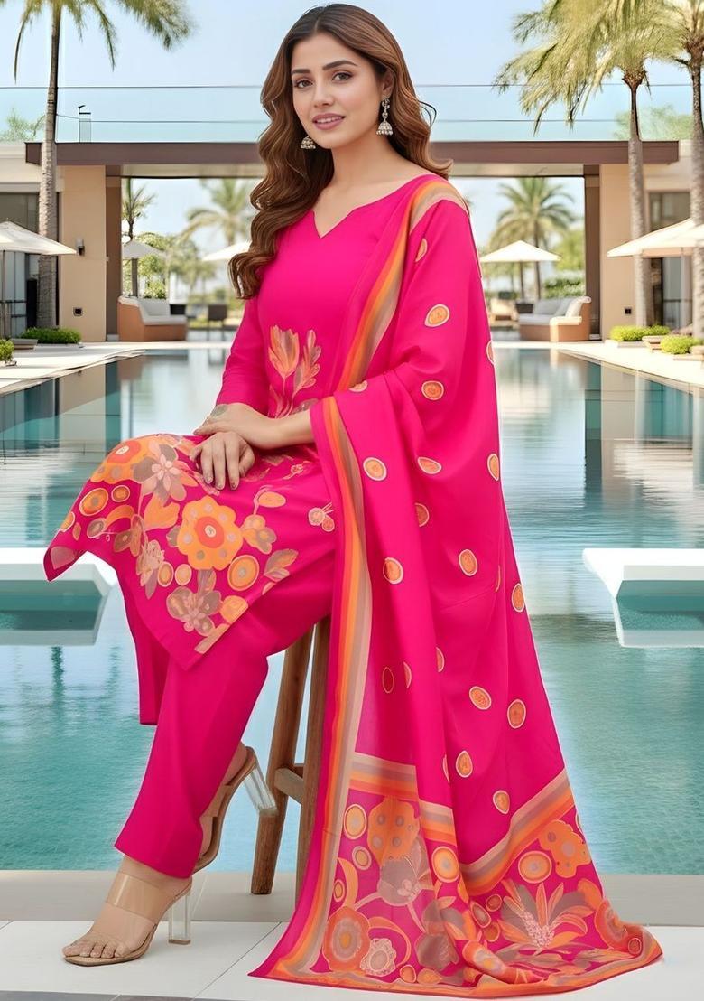 Pink Printed Silk Kurta Set - Indya