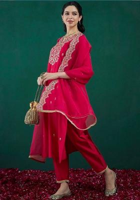Red Embroidered Silk Kurta Set