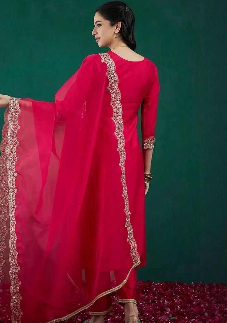 Red Embroidered Silk Kurta Set - Indya