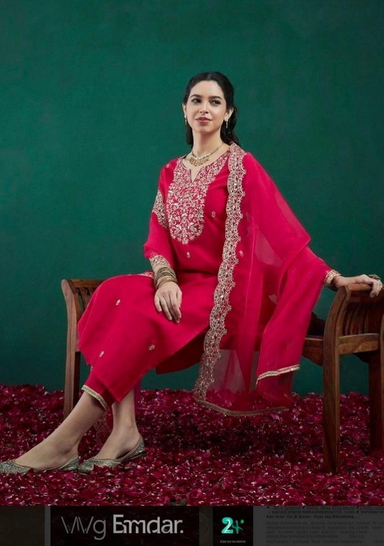 Red Embroidered Silk Kurta Set - Indya