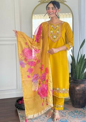 Yellow Embroidered Silk Kurta Set