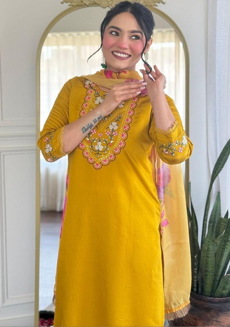Yellow Embroidered Silk Kurta Set - Indya