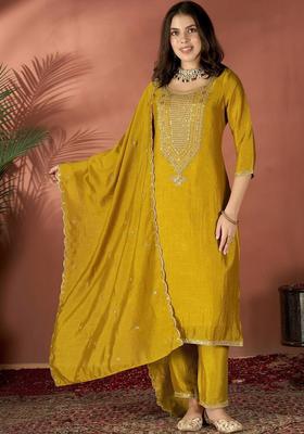 Mustard Embroidered Silk Kurta Set