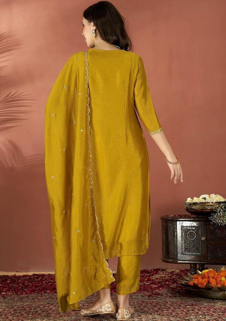 Mustard Embroidered Silk Kurta Set - Indya