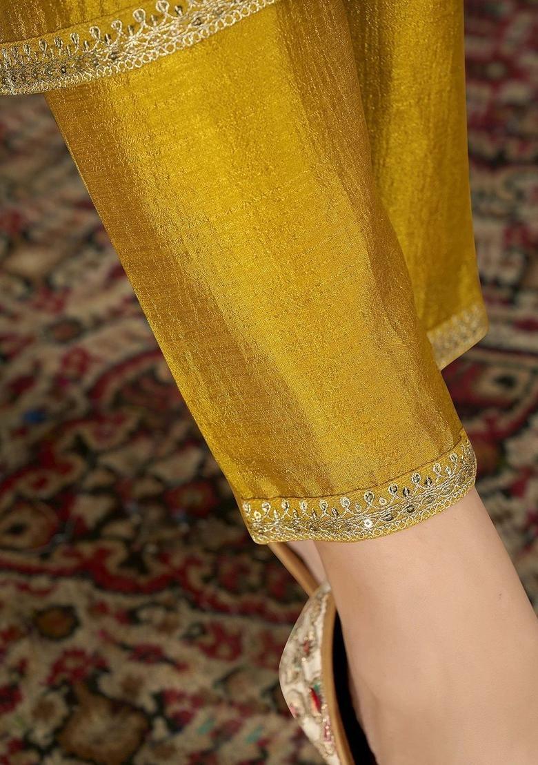 Mustard Embroidered Silk Kurta Set - Indya