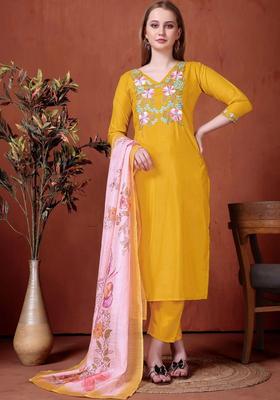 Yellow Embroidered Viscose Kurta Set