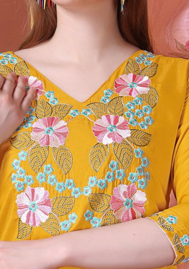 Yellow Embroidered Viscose Kurta Set - Indya
