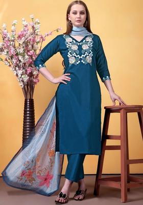 Blue Embroidered Viscose Kurta Set